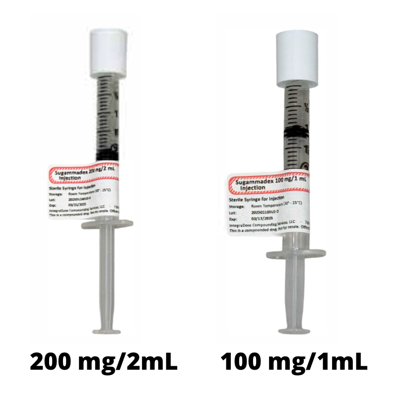 Two syringes, one 200 mg/2mL, the other 100 mg/1mL.